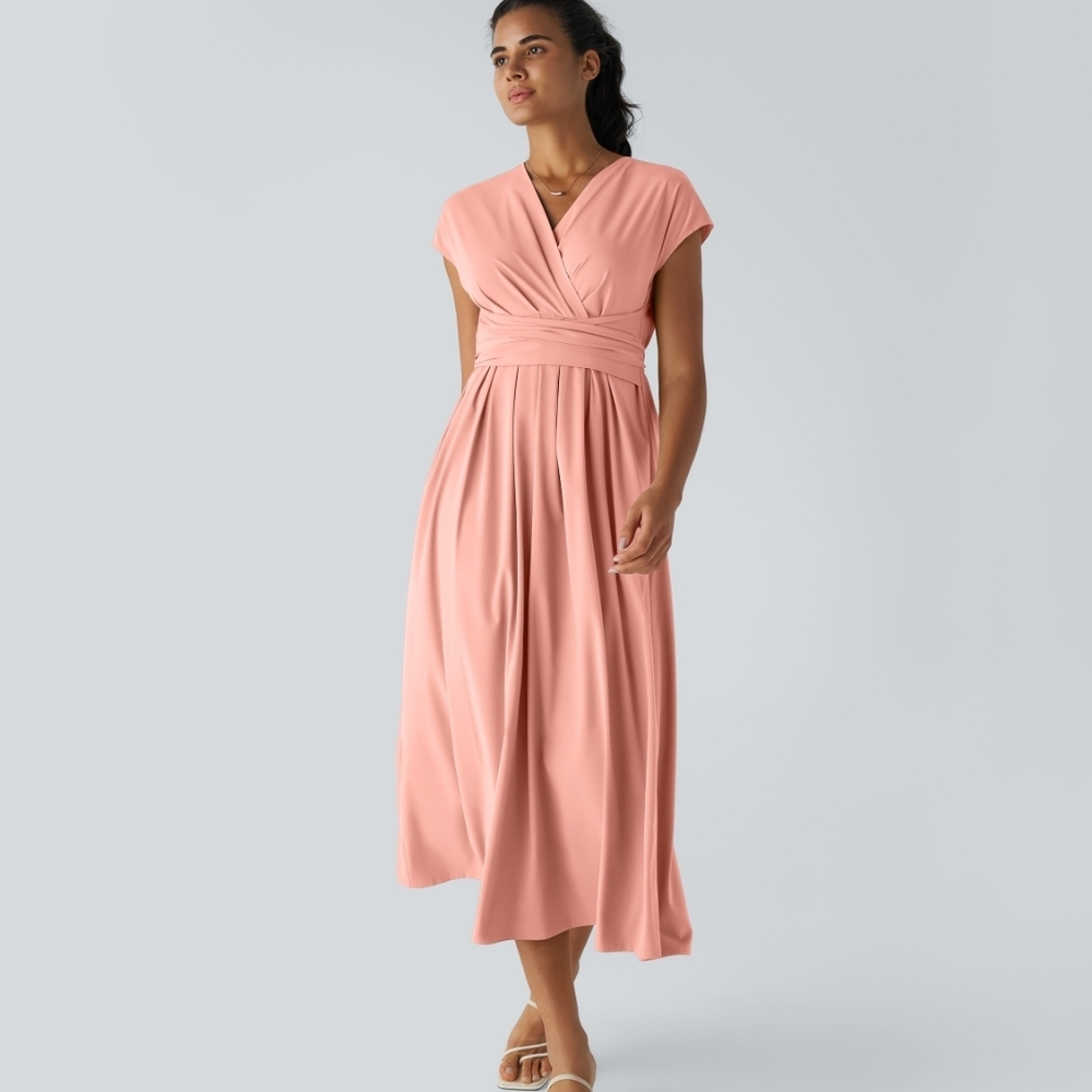 Sculpted Waist Coral Pink Midi Wrap Dress